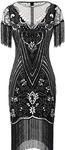 Women's 1920s Lace Neck Great Gatsby Dress Sequin Art Deco Flapper Dress Black Silver 3XL