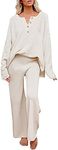 Women V-neck 2 Piece Tracksuit Knit Sweatsuit Long Sleeve Sweater Wide Leg Pants Loungewear, A-beige, Large