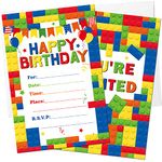 30 Pack Childrens Birthday Party Invitations with Envelopes Bulk Colorful Building Block Party Invitation Kids Stacking Block Bricks Invite Card Set Girls Boy Building Block Party Decorations Supplies