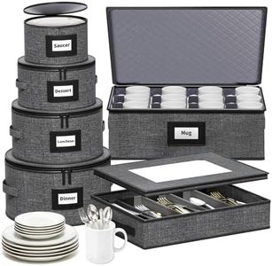 Aokeyee China Storage Containers- 6 Piece Set Hard Shell Moving Box for Dishes, Plate, Mugs, Cups, Silverware, Flatware, Saucers, Dinnerware, Sturdy Quilted Organizer with Soft Dividers, Handles, Grey