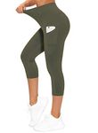 THE GYM PEOPLE Thick High Waist Yoga Pants for Women, Tummy Control Workout Running Yoga Leggings with Pockets (Large, Olive Green)