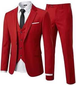 YND Men's Slim Fit 3 Piece Suit Set with Stretch Fabric, One Button Blazer Vest Pants, Solid Party Wedding Dress, Jacket Waistcoat and Trousers with Tie Red