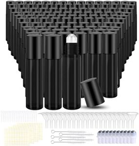 150 Pcs Essential Oil Roller Bottles 10 ml Leakproof Empty Glass Roll on Bottles with Stainless Steel Roller Balls with 20 Funnels 20 Droppers for Travel Perfume Essential Oil (Black)