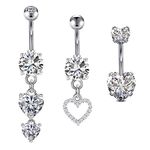 FECTAS 3pcs Belly Bars 10mm Silver Belly Button Bars Heart Belly Ring Stainless Steel 14G Navel Piercing Jewellery for Women