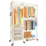Memobarco Clothes Rack with 2 Storage Drawers, Heavy Duty Metal Rolling Garment Rack with 4 Tiers Wire Shelving & 3 Hanging Rods, Freestanding Portable Closet Wardrobe, 47.2" Lx17.7 Wx78.7 H, White