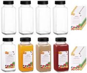 8 Pack 8 oz Glass Juice Bottles with Black Lids & Labels, Reusable Travel Juice Storage Containers, Clear Glass Drink Jars for Juicing, Water, Ginger, Wellness Shots - Leakproof, Dishwasher Safe