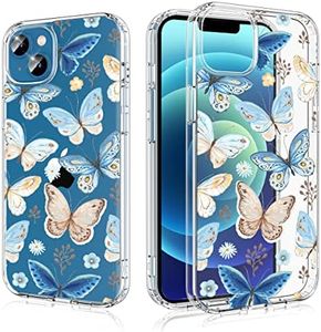 Losvick Carcasa para iPhone 13, Carcasa iPhone 14, Floral Transparente, diseño de Funda Trasera rígida PC + antigolpes, protección TPU para niñas y Mujeres, Carcasa iPhone 13/14-6,1" (Mariposa Azul)