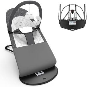 HOUSEHOLD WORLD Portable Baby Bouncer Seat for Babies 0-18 Months, 100% Cotton Fabrics, Adjustable Multi Position Baby Bouncer Seat, Infant Rocker Chair with Hanging Plush Animals-Dark Grey