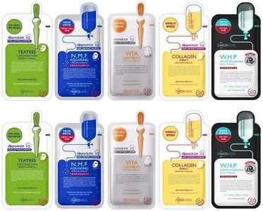 Grehge heet Mask Bundle N.M.F Aquaring Ampoule + Collagen Impact + Teatree Care + E.G.T Timetox Ampoule EX + W.H.P White Hydrating Black EX, 2pcs Each, 5 Different Masks, Totally 10 Sheets