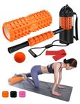 Foam Roller Set Includes Hollow Core Massage Roller,Muscle Roller Stick,Massage Ball,Stretching Strap,Exercise Resistance Bands, Storage Bag,for Deep Tissue Massage, Pain Relief of Back, Legs, Exercise (OVTSPO 6in1 Orange)