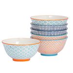 Nicola Spring Patterned Cereal Bowl - 3 Colours - 16cm - Pack of 6 - Hand Printed Japanese Style Porcelain Serving Bowls for Dessert, Pasta, Cereal, Salad, Noodles, Soup