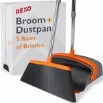 REXO® 55" Broom and Dustpan Set Long Handle, 5-Row Bristles, Upright Dustpan, Indoor Outdoor Sweeping Brush Set, Lobby Broom, Stand Up Dustpan Brush Set, Dustpan Brush Long Handle Set - (Orange, Grey)