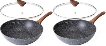 nuovva Induction Non Stick Wok Pan – Deep Stir Fry Pan with Lid – 28cm Frying Pan with Induction Base (Pack of 2)