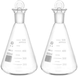PATIKIL Erlenmeyer Flask, 2 Pcs 500ml 16.9oz Narrow Mouth Graduated Flasks with Glass Stopper Borosilicate Glass Flasks with Printed Graduation for Lab Experiment Chemistry Science