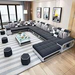 Torque - Silvester 12 Seater U Shape Premium Sectional Fabric Sofa Set with 4 Puffy (Right Side, Black & Light Grey) | Couch for Living Room | 3 Years Warranty