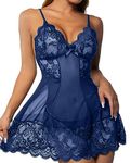 CheChury Sexy Lingerie for Women sets Babydoll for Women Lace Dress with Thong Nightwear V Neck Nightgown Mesh Sleepwear Set,Navy,L