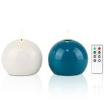 Fanna 2 Real Wax LED Ball Candles with Remote, Battery Operated Sphere Candles with Timer for Weddings and Home Decorations, 2 Colors White and Turquoise Included - D4" x H3.15"