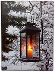 BANBERRY DESIGNS Winter Lantern Lighted Canvas Wall Art - Light Up Snowy Scene With a Glowing Black Lantern - Light Up Canvas Print - LED Christmas Wall Art