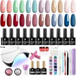 PHOENIXY Gel Nail Polish Kit with U V LED Nail Lamp 12 Pcs 10ml Gel Nail Polishes Set All Seasons Gel Polish Glossy Matte Top Coat Base Coat Gel Nail Starter Kit Gift for Women