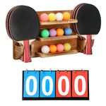 WAKUBON Ping Pong Paddle Holder Wall Mount Storage Rack - Table Tennis Racket Display Accessories Organizer - Holds 6 Paddles and 12 Balls - with Flip Scoreboard