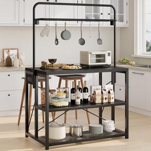 iabifo Kitchen Island with Storage, Bakers Rack with Power Outlet, Kitchen Open Shelf with 8 Hooks, 1.2" Thickened Tabletop, Large Coffee Bar Table, Black, 47"x28"x71"