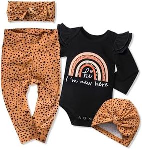 WIQI Baby Girl Clothes, Newborn Girl Letter Print Romper Tops +Cute Pants +Hat +Headband 4PCS Spring Summer Outfits Set, Black4, 0-3 Months