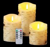 qinxiang Flameless Candles LED Candles Birch Bark Set of 3 (D 3.25" x H 4" 5" 6") Ivory Real Wax Pillar Battery Operated Candles with LED Flame 10-Key Remote Control and Cycling 24 Hours Timer