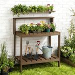 Psilvam Outdoor Poly Lumber Potting Bench, Polystyrene Garden Table with Storage Shelves, All-Weather Patio Work Station for Gardening(Brown)