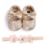 Baby Shoes Girls 0-6 Month Crib Shoes Infant Cute Bowknot Princess Shoes with Headband Toddler First Walking Shoes Wedding Party Gold