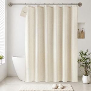 Jowels Cream Linen Shower Curtain, Boho Farmhouse Shower Curtain Set for Bathroom, 200GSM Luxury Weighted Water Resistant Fabric Textured Shower Curtains with 12 Metal Hooks, 72Wx90H