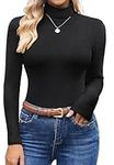 Ekouaer Solid Turtleneck Tops for Women Comfy Slim Thermal Shirts Long Sleeves Thick Base Layer Ribbed Knit Pullover Tees Black M