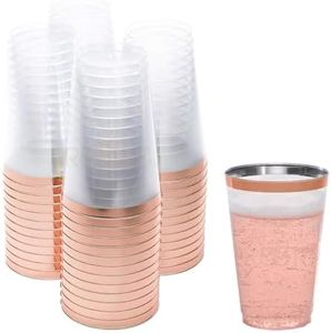 Rose Gold Plastic Cups | 14 oz. 50 Pack | Hard Clear Plastic Cups | Disposable Party Cups | Fancy Wedding Tumblers | Nice Rose Gold Rim Plastic Cups | Elegant Decoration Cups | Plastic Tumblers Bulk