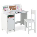 COSTWAY Kids Desk and Chair Set, Wooden Children Study Table with Storage Cabinet, Cork Board, School Students Workstation for Studying, Reading and Drawing