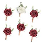 ANNKIN Burgundy Boutonniere with Eucalyptus for Men, Set of 6, Wedding Flower Boutonnieres with Pins for Groom and Best Man Wedding Ceremony Anniversary, Homecoming Prom Party