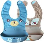 INCHANT Waterproof Silicone Soft Baby Bib for Baby and Toddlers Feeding, Packs of 2 Comfortable & Safe Eco-Friendly Cartoon animal design Roll Up Food catcher Bibs - Fox and Bear style