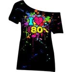 Geyoga 80s Outfit for Women Plus Costumes Size for Women Oversized Clothes Novelty Neon 80s Off Shoulder T-shirt Tops (2X-Large)