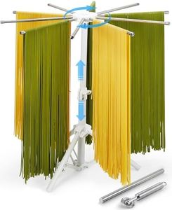 MUMSUNG Pasta Drying Rack Collapsible, 360° Rotating, Adjustable Height(14.5"-23.6"), Large Noodle Dryer Foldable with Ravioli Wheel, 10PCS 304 Stainless Steels Arm for Homemade Fresh Pasta Spaghetti