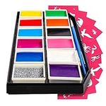 Colorful Art Co. Kids Face Paint Kit - Set of 12 Water-Based Professional Body and Face Paints w/ 3 Painting Brushes & 30 Stencils - Palette for Cosplay, Party and Halloween Makeup﻿