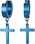 Flongo Men's Womens Vintage Stainless Steel Blue Cross Dangle Hinged Hoop Earrings, Classique Drop Earrings for Christmas Valentine's