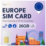 travSIM Europe SIM Card with 26GB of Data (4G/5G speeds) | Valid for 14 Days | Data Only SIM Card | Use VOIP apps Like Skype and Whatsapp for Calls | Use SIM for Europe in All EU Countries