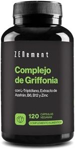 Griffonia Simplicifolia con Triptofano, Extracto de Azafrán, B6, B12 y Zinc - 120 cápsulas veganas - Sistema nervioso, función psicológica, cansancio y fatiga - Probado en laboratorio - Zenement