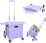 Foldable Shopping Trolley Collapsible Portable Utility Cart with Stair Climbing Wheels Compact Tote Basket with Magnetic Lid Rolling Crate with Telescoping Handle Lightweight Heavy Duty 80kg -Purple