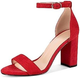 Fericzot Heels for Women Open Toe Ankle Strap Chunky High Heel Pumps Party Wedding Shoes Strappy Buckle Sandals 3.35 Inches, Red-suede, 8.5