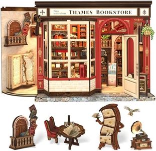 Book Nook Library Kit, DIY Miniature Dollhouse Booknook Kits for Adults Teens, Magic Bookshop 3D Wooden Puzzle Crafts Bookshelf Decor with LED Light, Gift for Family and Friends (Thames Bookstore)