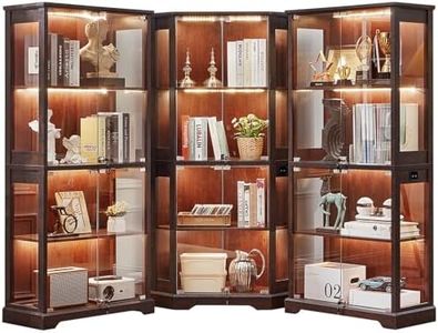 LELELINKY Farmhouse Glass Display Cabinet with Door 3-Piece Set, Lighted Corner Curio Cabinet, Wooden Display Cases for Collectibles, Walnut