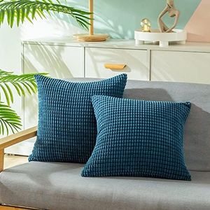 CaliTime Throw Pillow Covers Pack of 2 Comfy Corduroy Corn Striped Waffle Decorative Cushion Cases for Couch Sofa Bed Farmhouse 26 X 26 Inches Ocean Blue