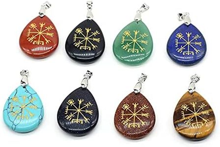 LHJ 5 Pcs Natural Waterdrop Shape Stone Pendants Ancient Viking Odin Rune Symbol Amulet Crystal for Jewelry Making Protection