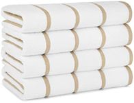 Arkwright Las Rayas Striped Beach Towel - Pack of 4 - Soft Plush Quick Dry White Cotton Terry Towels Set for Pool, Swim, and Hot Tub, 480 GSM Thick & Absorbent, 30 x 60 in, Beige