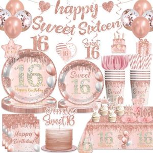 cocomigo Sweet 16 Party Decorations Pink with Cake Topper, 50 Serves 16th Birthday Disposable Tableware Set, with 2pcsTable Cloth, with Cake Topper, Centerpieces, Banner, for Girls Birthday Party