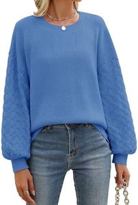 heekpek Jersey Punto Mujer Cuello Redondo Suave Sueter Mujer Manga Larga de Linterna Cálido Suelto Jersey Mujer Otoño Invierno Elegante, Azul, M